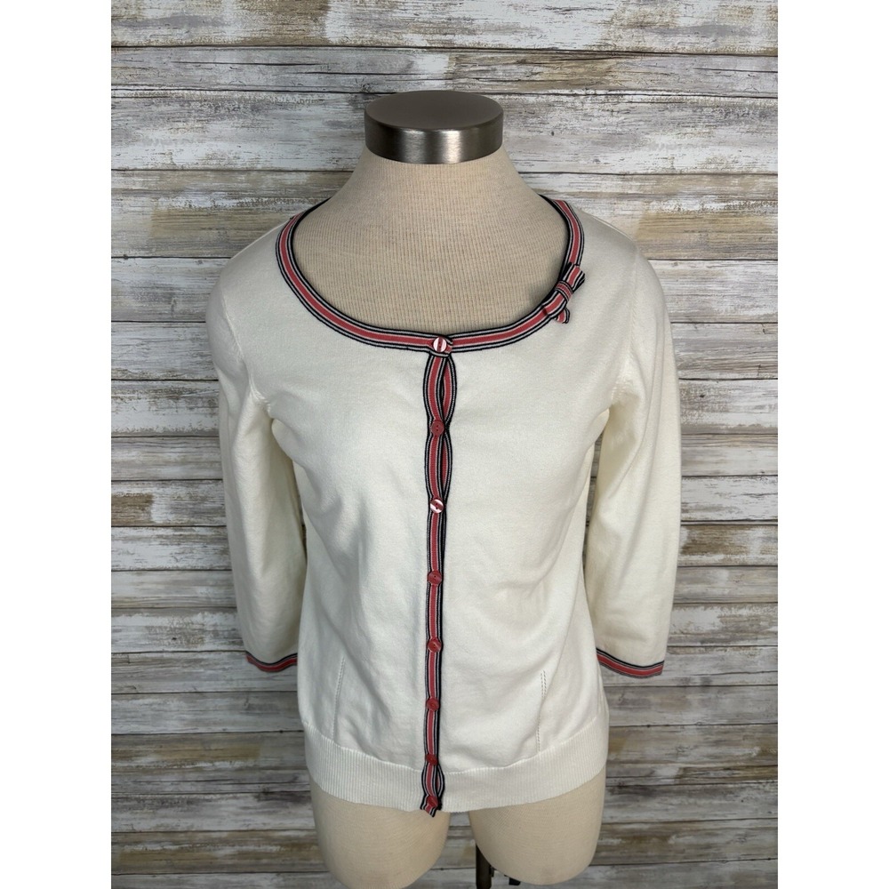 Laura Ashley cotton sweater sz‎ Small Off White Cream Cardigan Pink Blue Collar